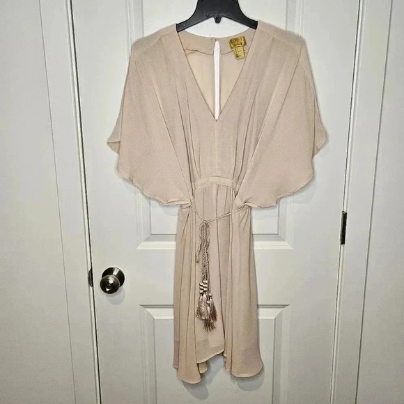 H&M Peach V-Neck Sheer Beach Mini Dress Flounce Sleeves Size 6 - Picture 1 of 14